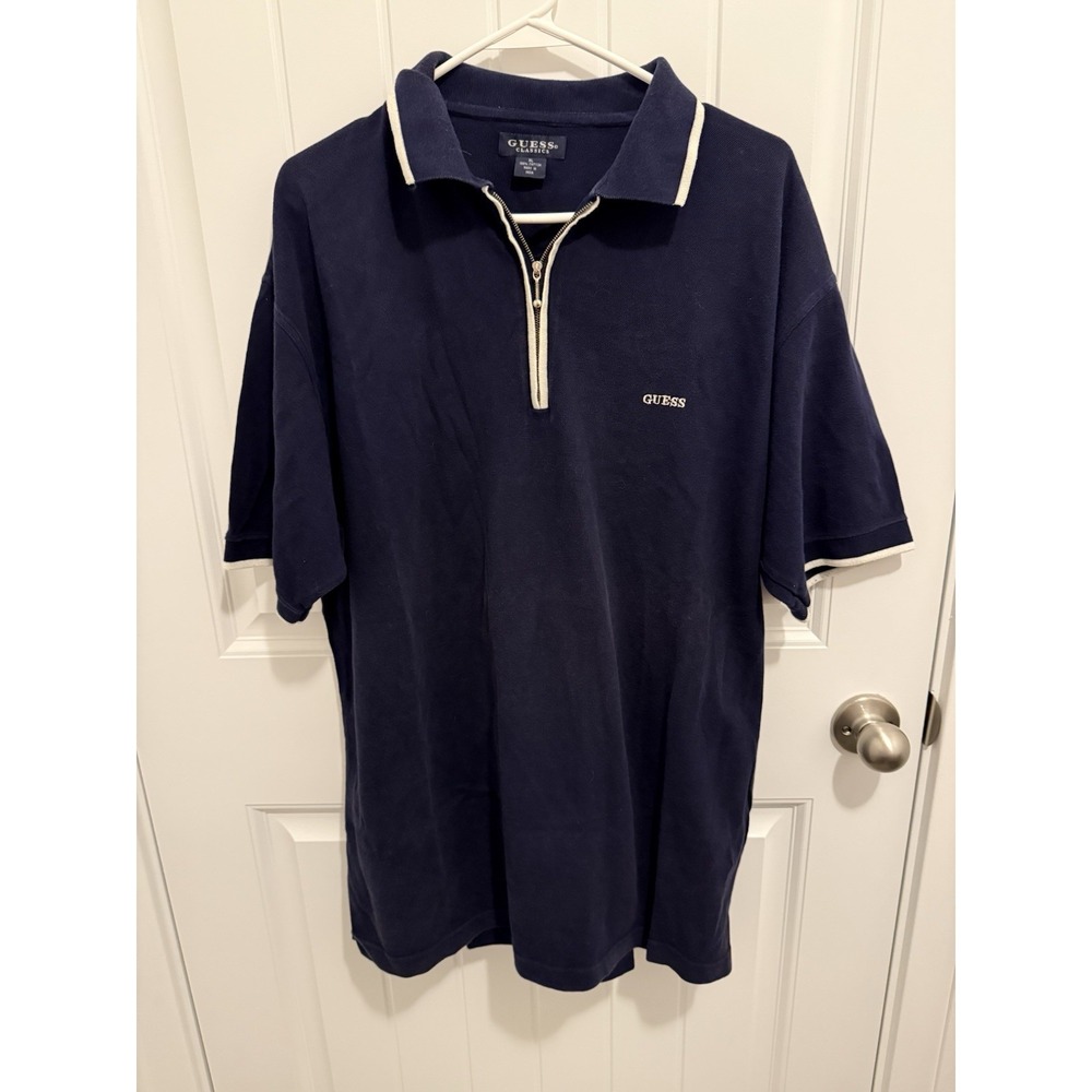 Guess Classics Mens XL Navy Blue‎ Quarter Zip Polo Shirt Short Sleeve Cotton